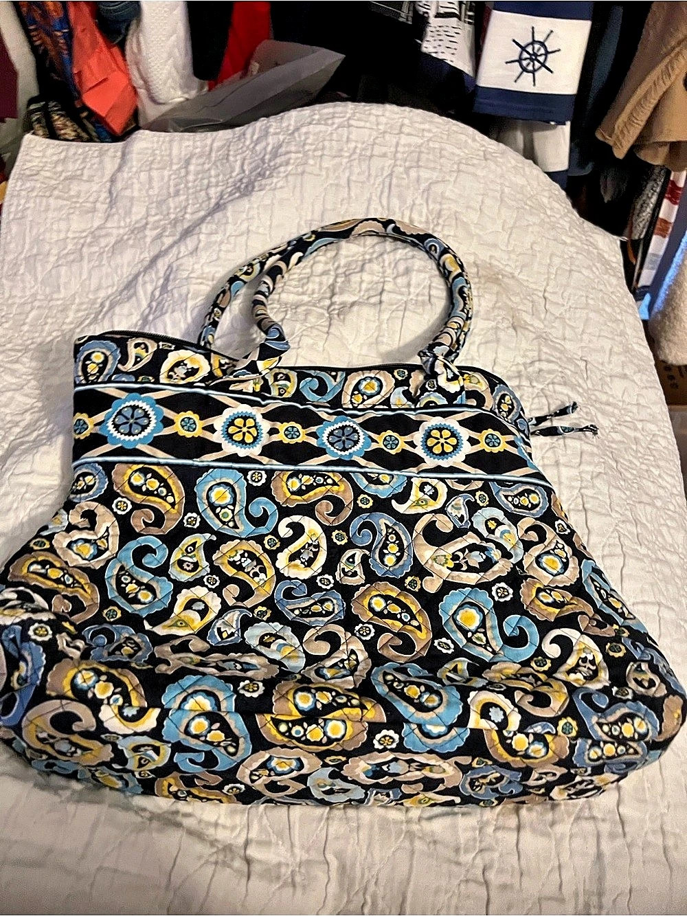 Stephanie Dawn
Paisley Shoulder Bag in light blue, dark blue, cream and white.
